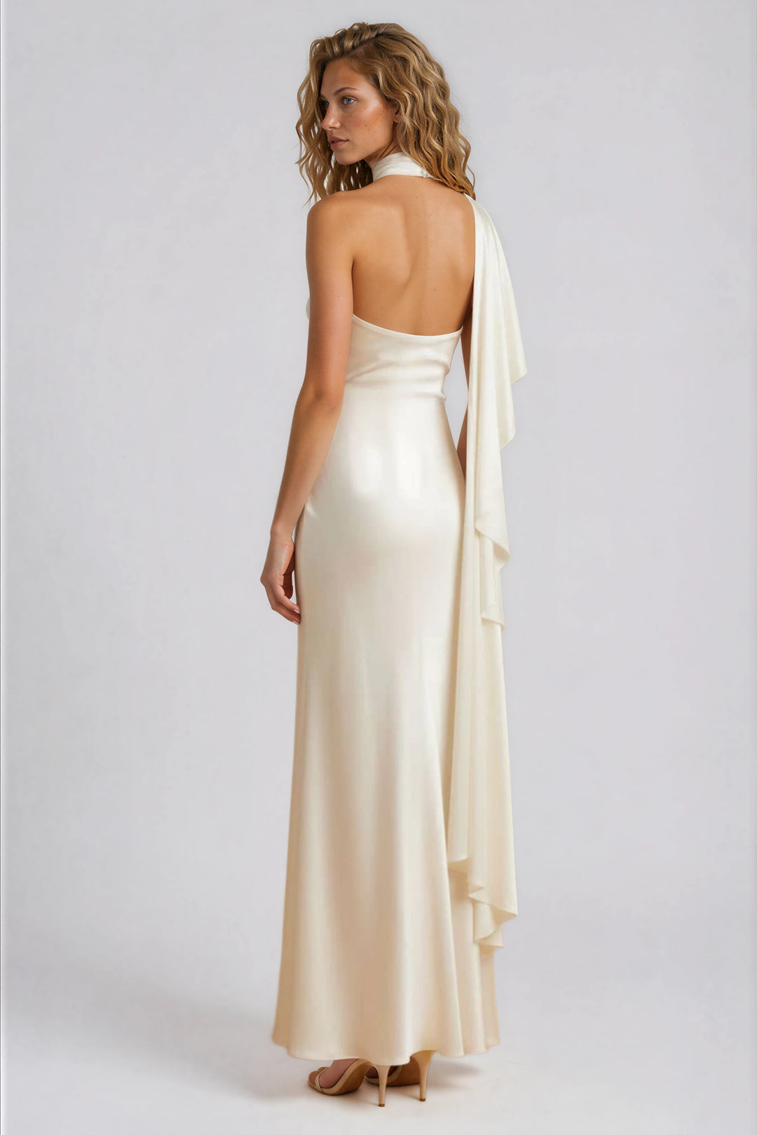 white draped one shoulder maxi gown