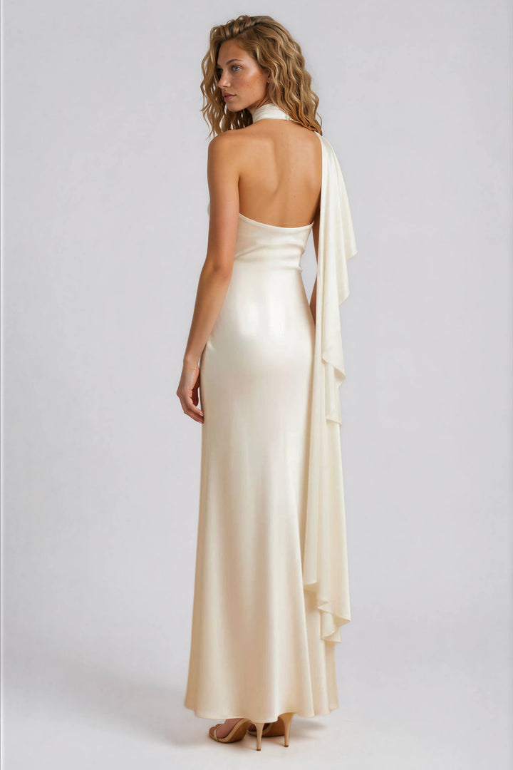 white draped one shoulder maxi gown