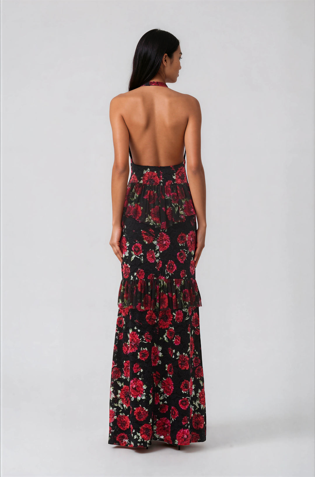 red and black halter maxi dress with floral pattern and ruffle detail