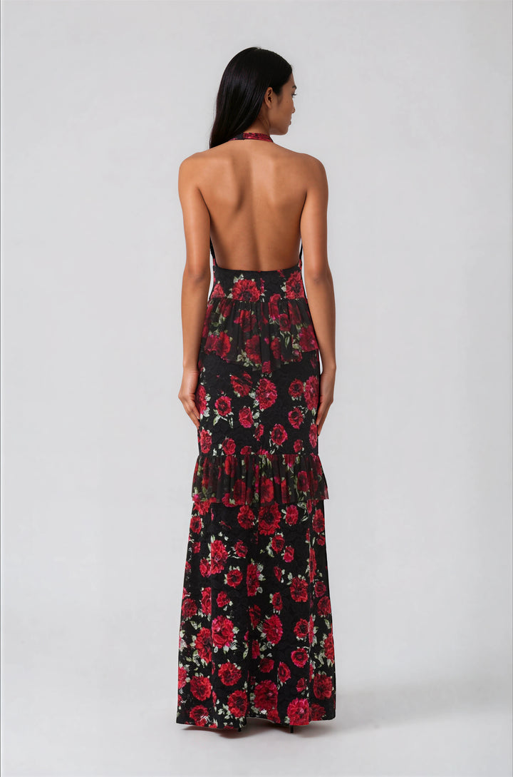 red and black halter maxi dress with floral pattern and ruffle detail