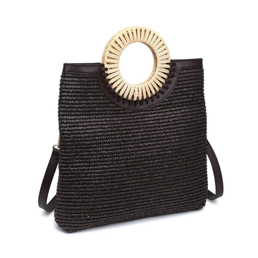 Black woven handbag with a circular wooden handle on a white background