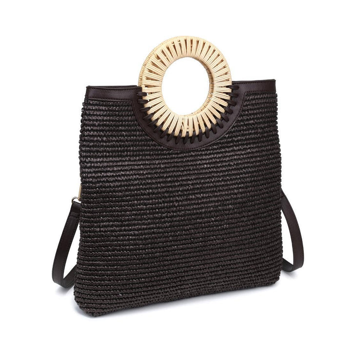 Black woven handbag with a circular wooden handle on a white background