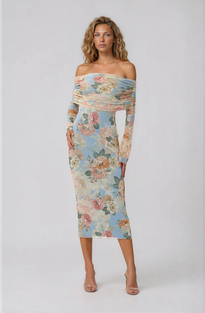 AFRM light blue floral mesh midi dress with off the shoulder neckline and long sleeves