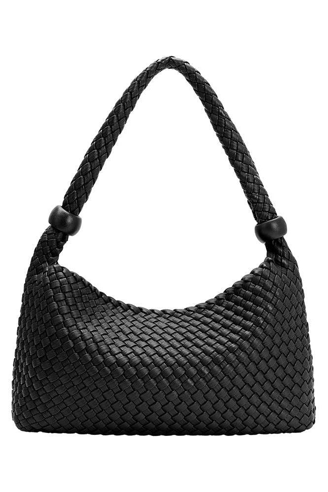 Black recycled vegan leather shoulder bag with a relaxed woven silhouette