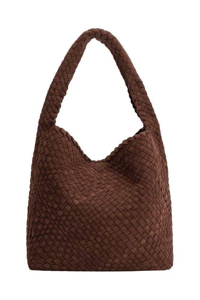 Tobacco vegan suede shoulder bag with a removable zip pouch