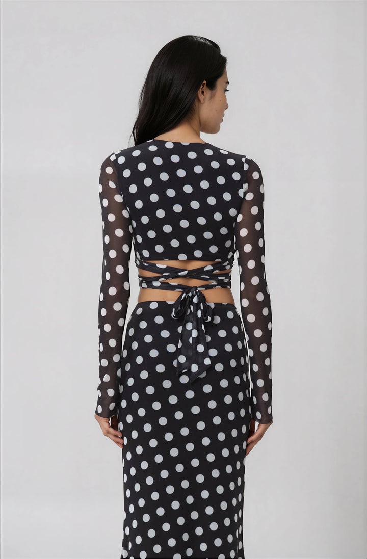 black and white polka dot mesh top with tie detail