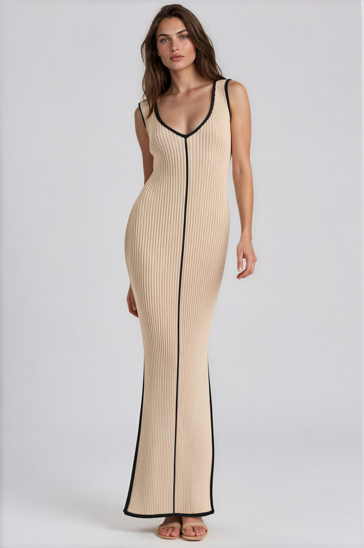 Cream Ribbed Knit Maxi Dress with Black Contrast