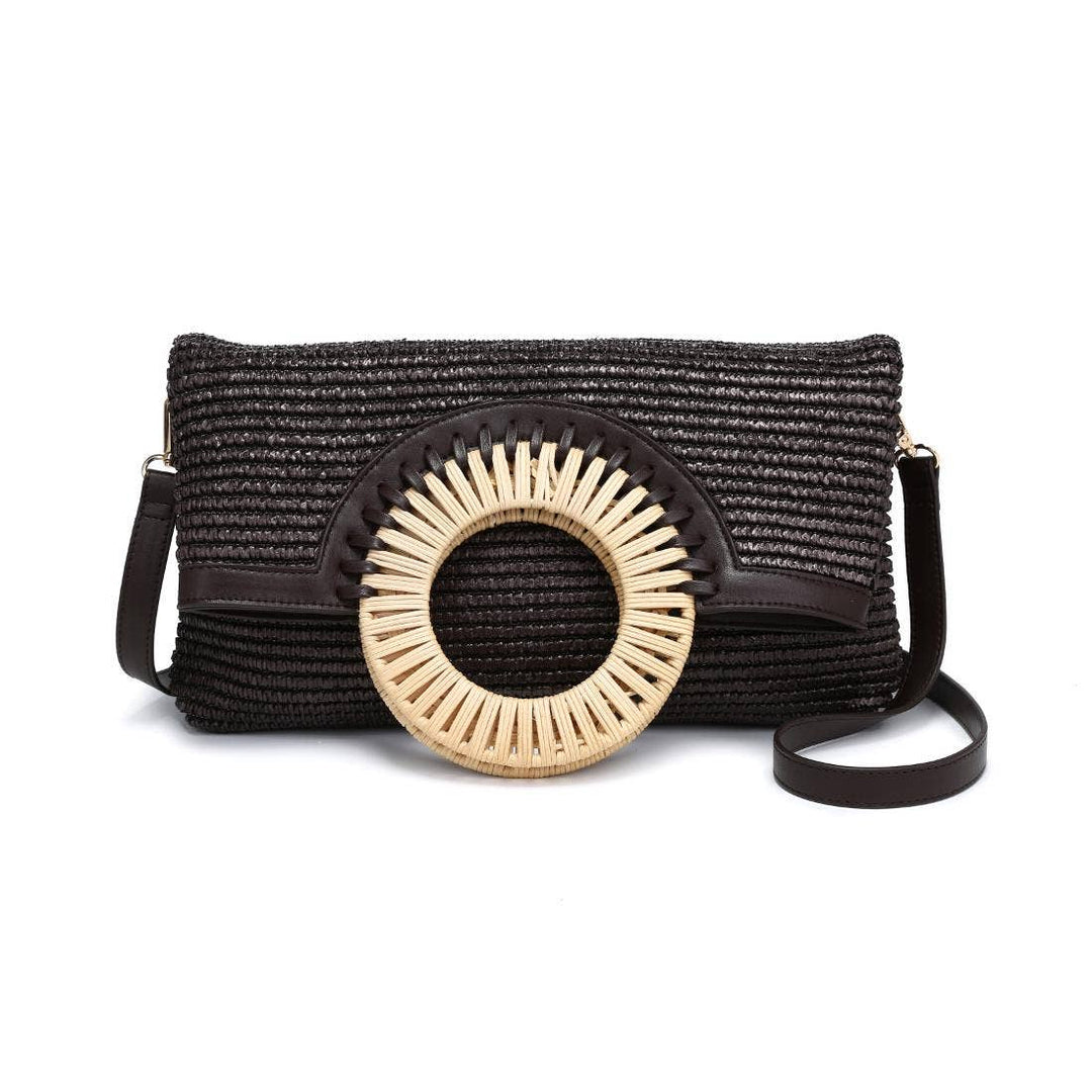 Black woven clutch bag with a gold circular design on a white background