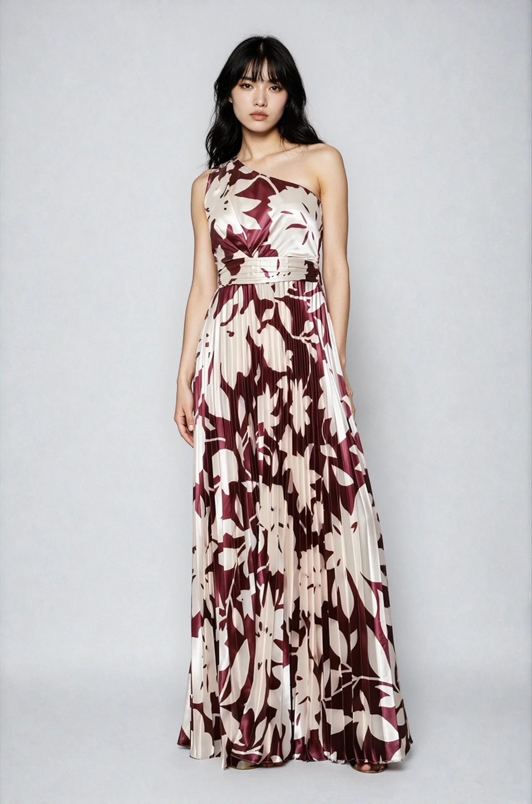 Brown One Shoulder Floral Satin Gown