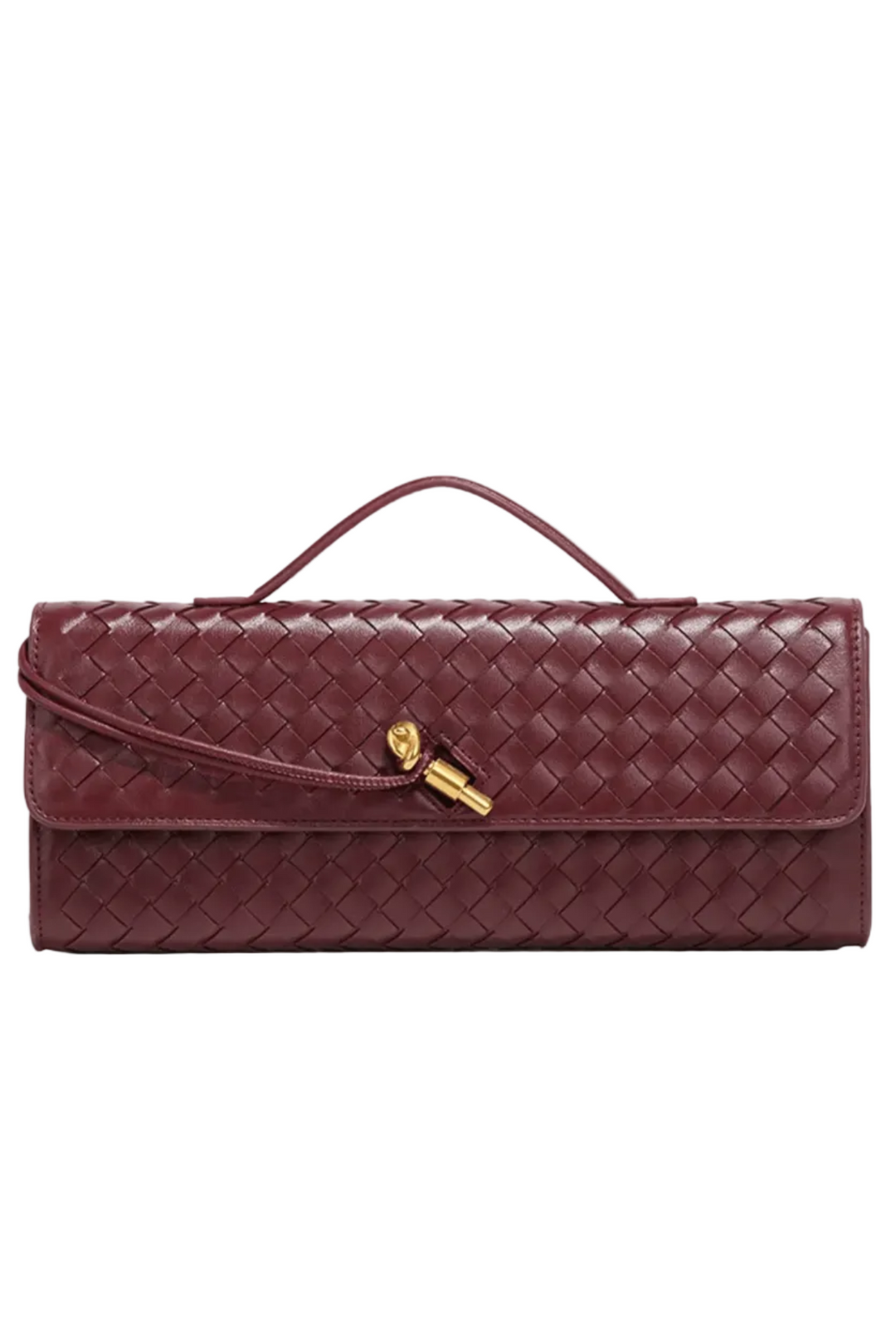 Burgundy handwoven baguette clutch handbag with gold twist lock