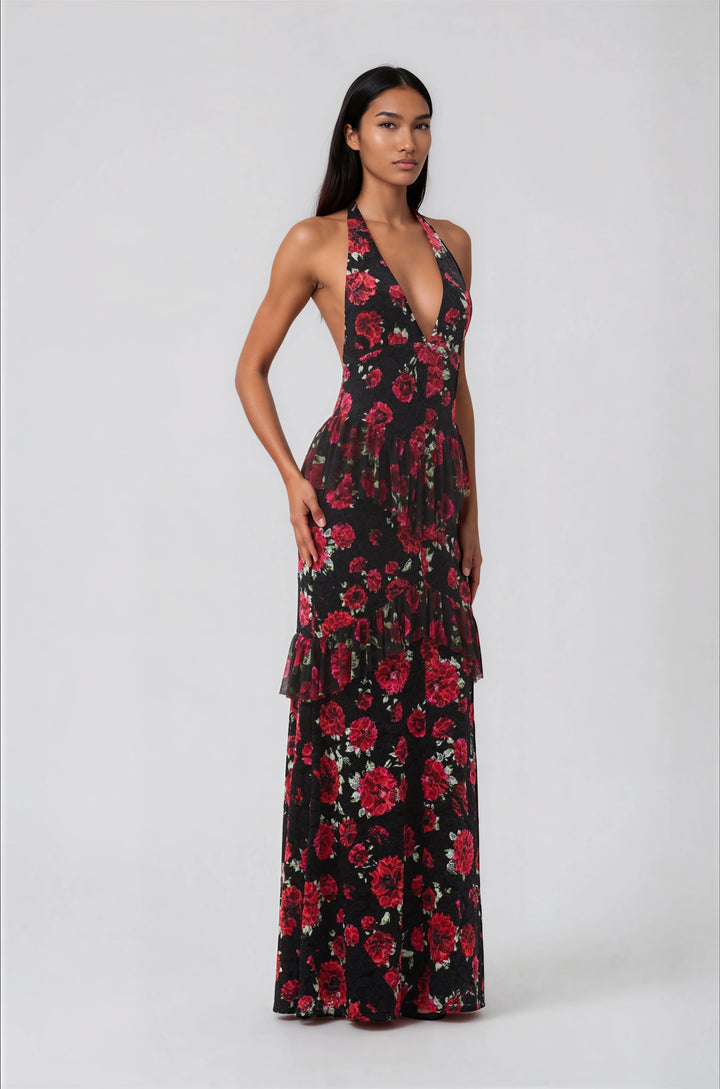 red and black halter maxi dress with floral pattern and ruffle detail
