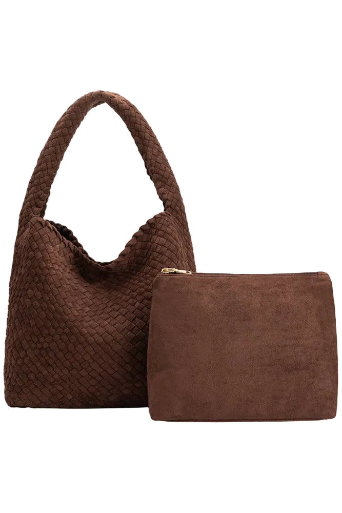 Tobacco recycled vegan suede shoulder bag with a spacious tote silhouette, front view
