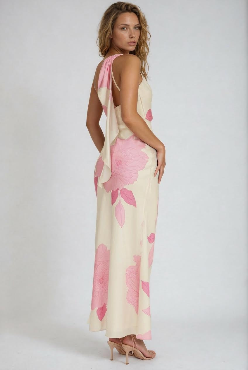 satin floral maxi dress Pink and Ivory Floral One Shoulder Satin Maxi Dress