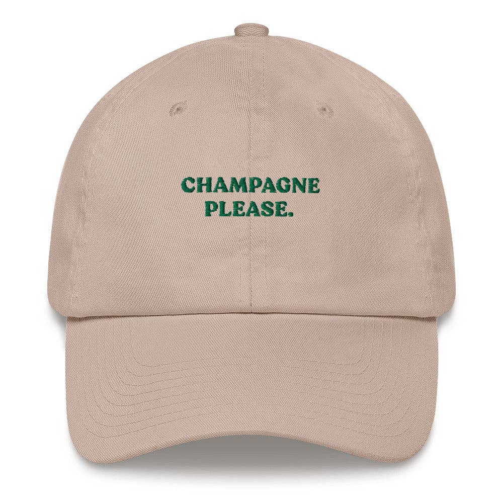 Beige cap with 'CHAMPAGNE PLEASE.' text in green on a white background