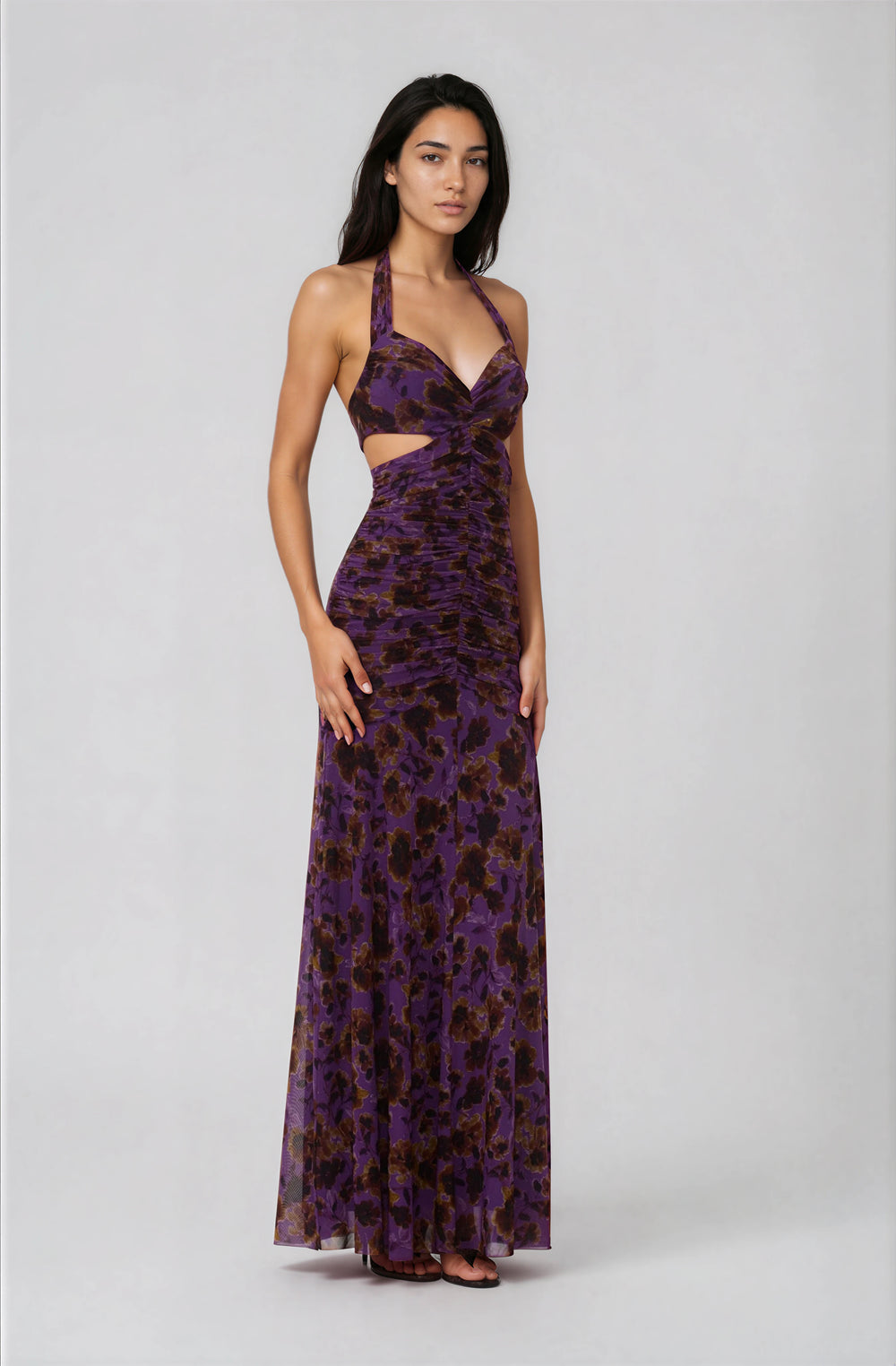 purple halter maxi dress with cutout detail