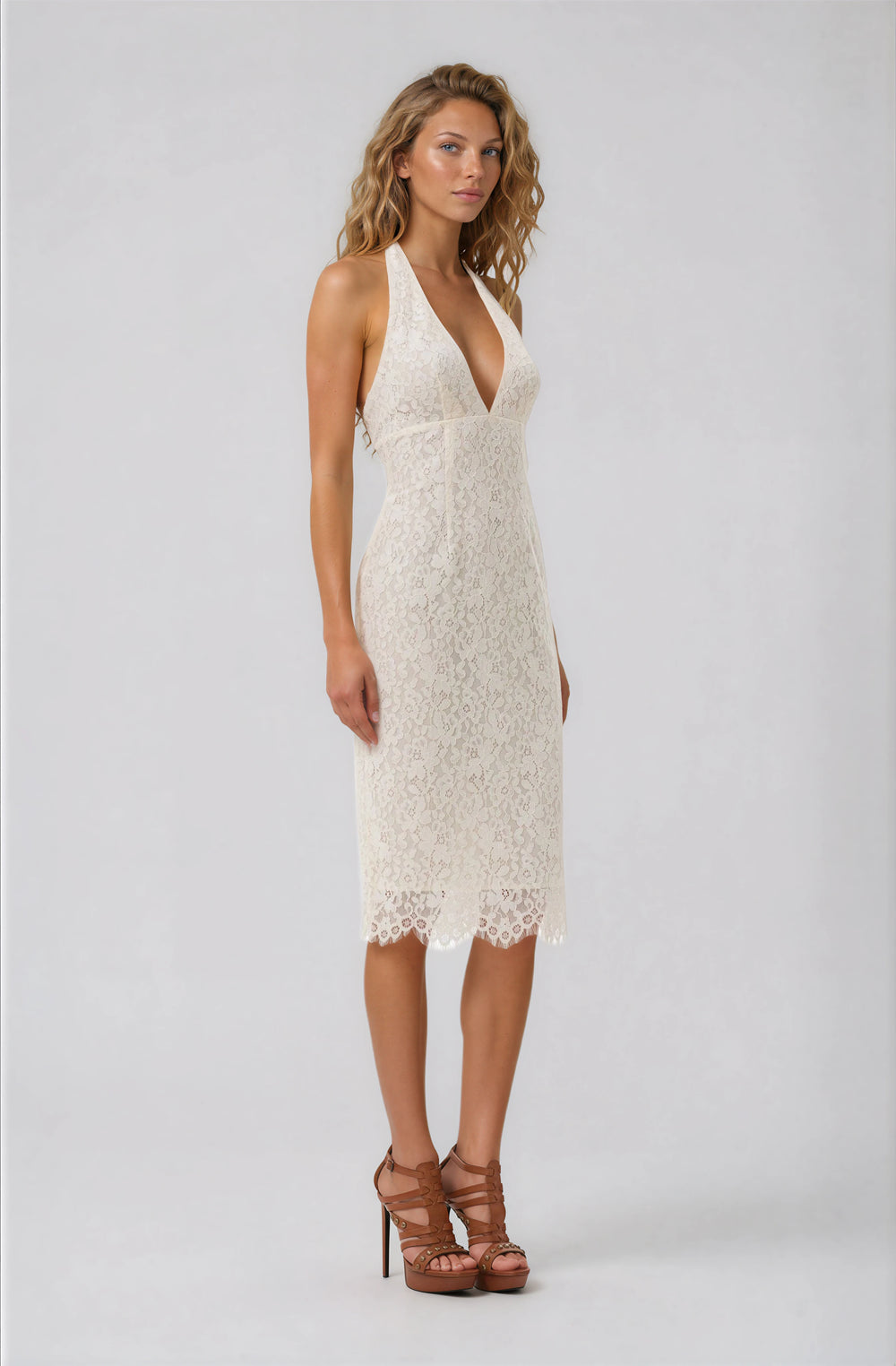 white lace halter midi dress