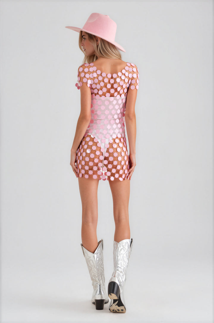Pink disc paillette disco-style sheer mini dress