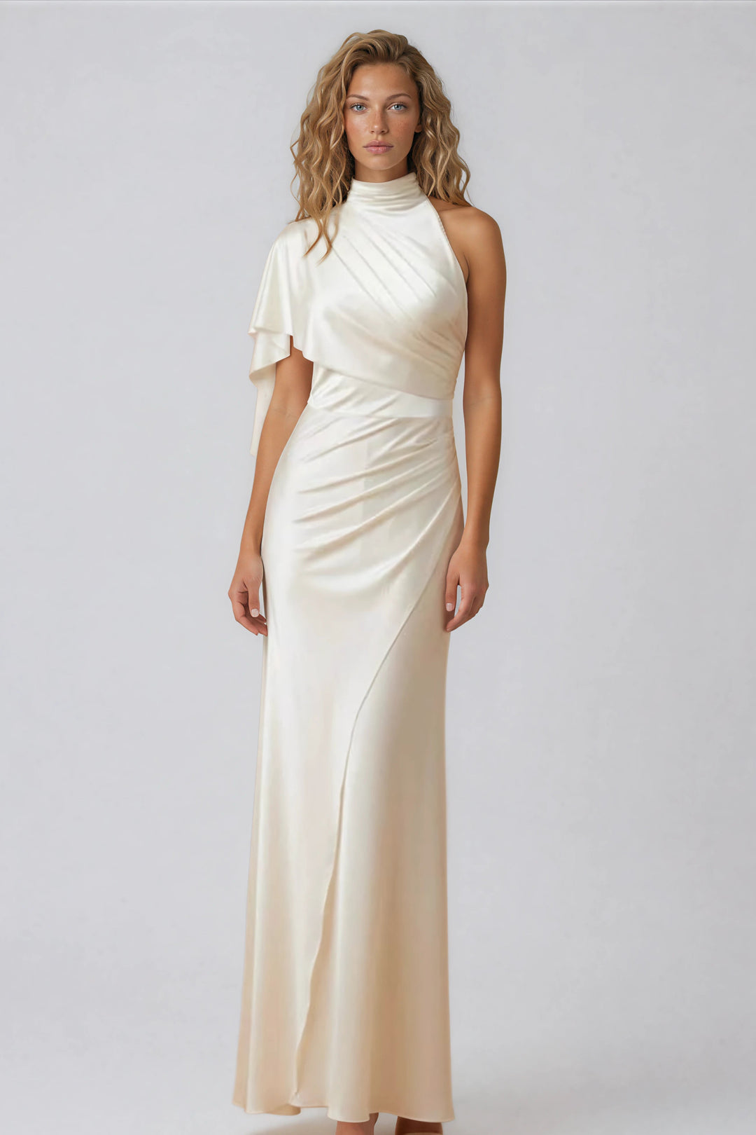 white draped one shoulder maxi gown