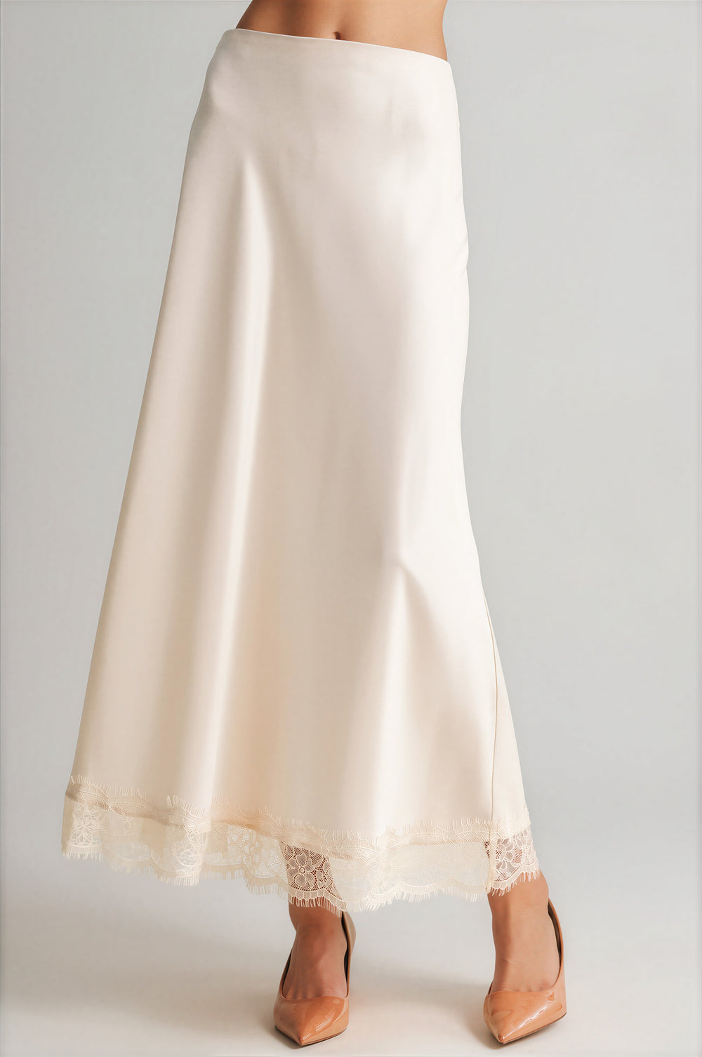 Cream high-waisted satin A-line skirt with openwork lace trim