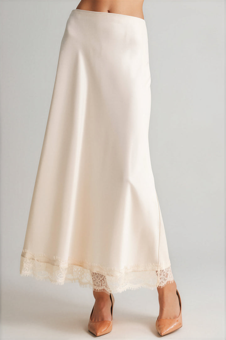Cream high-waisted satin A-line skirt with openwork lace trim