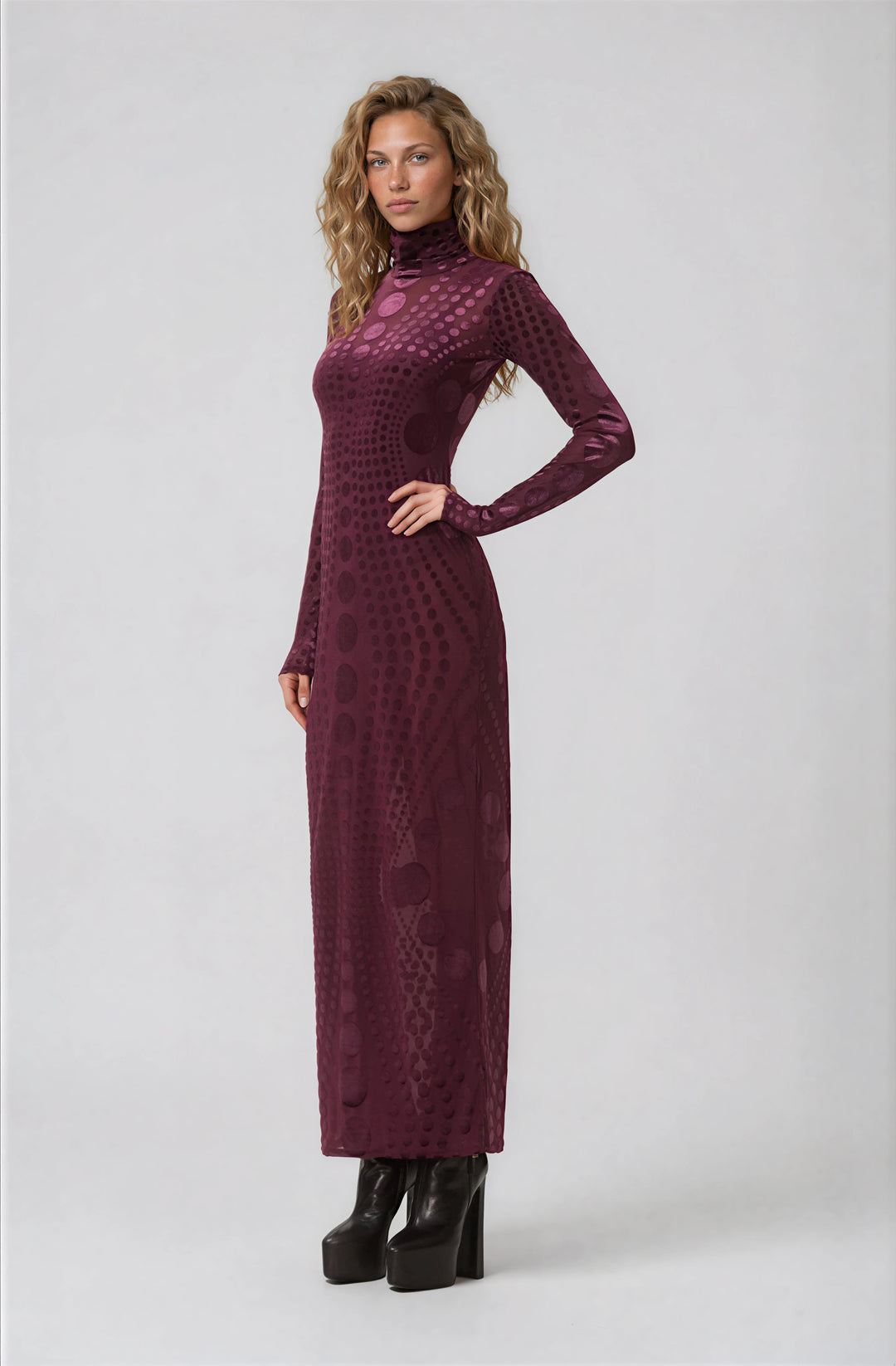 AFRM burgundy fitted velvet and mesh maxi dress with turtleneck