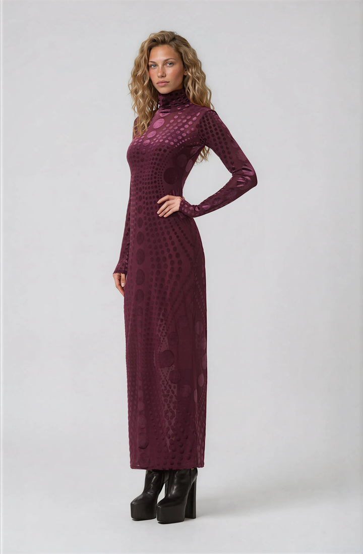 AFRM burgundy fitted velvet and mesh maxi dress with turtleneck