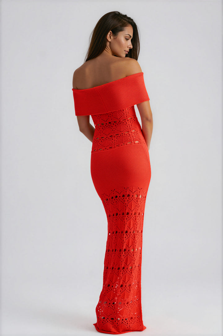 Red off-shoulder crochet maxi dress with fitted silhouette and floor-length hem