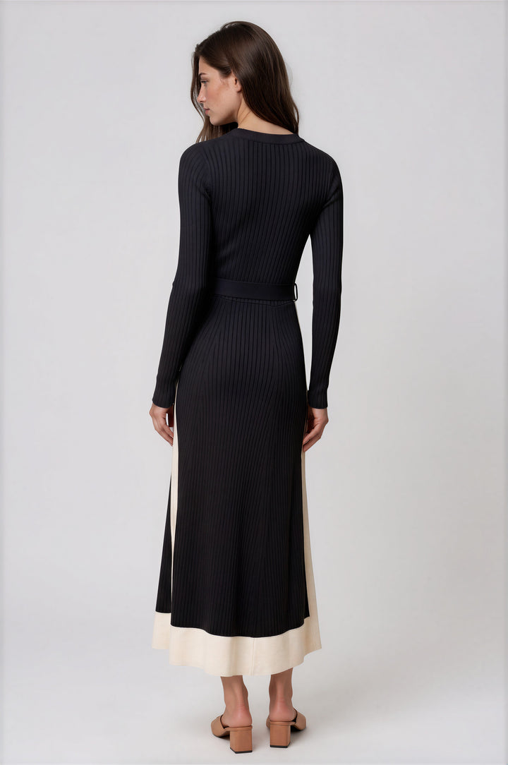 Black color block knit maxi dress with round neck and front tie belt