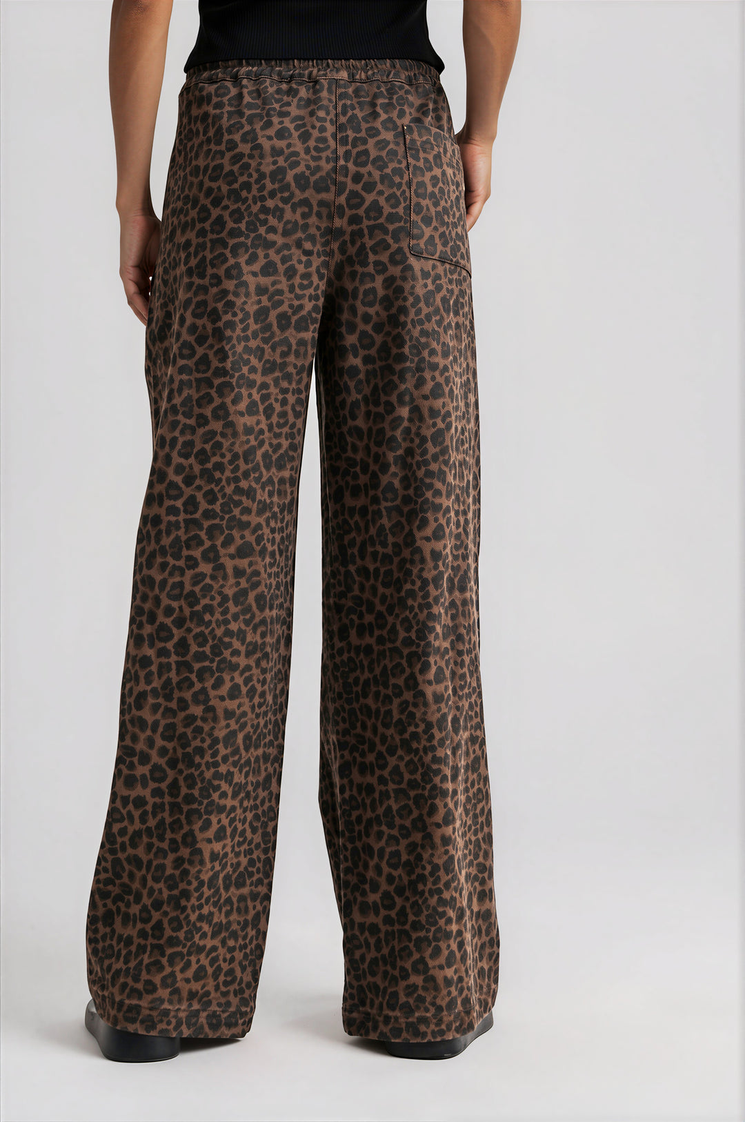 Brown leopard print wide-leg cotton pants with drawstring waist