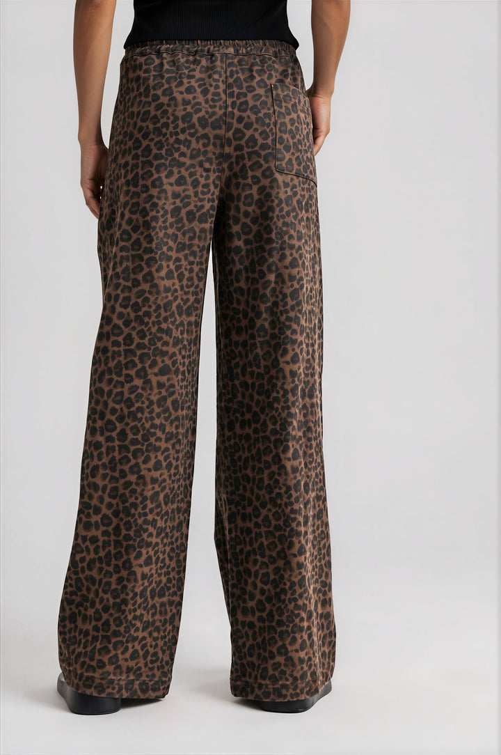 Brown leopard print wide-leg cotton pants with drawstring waist