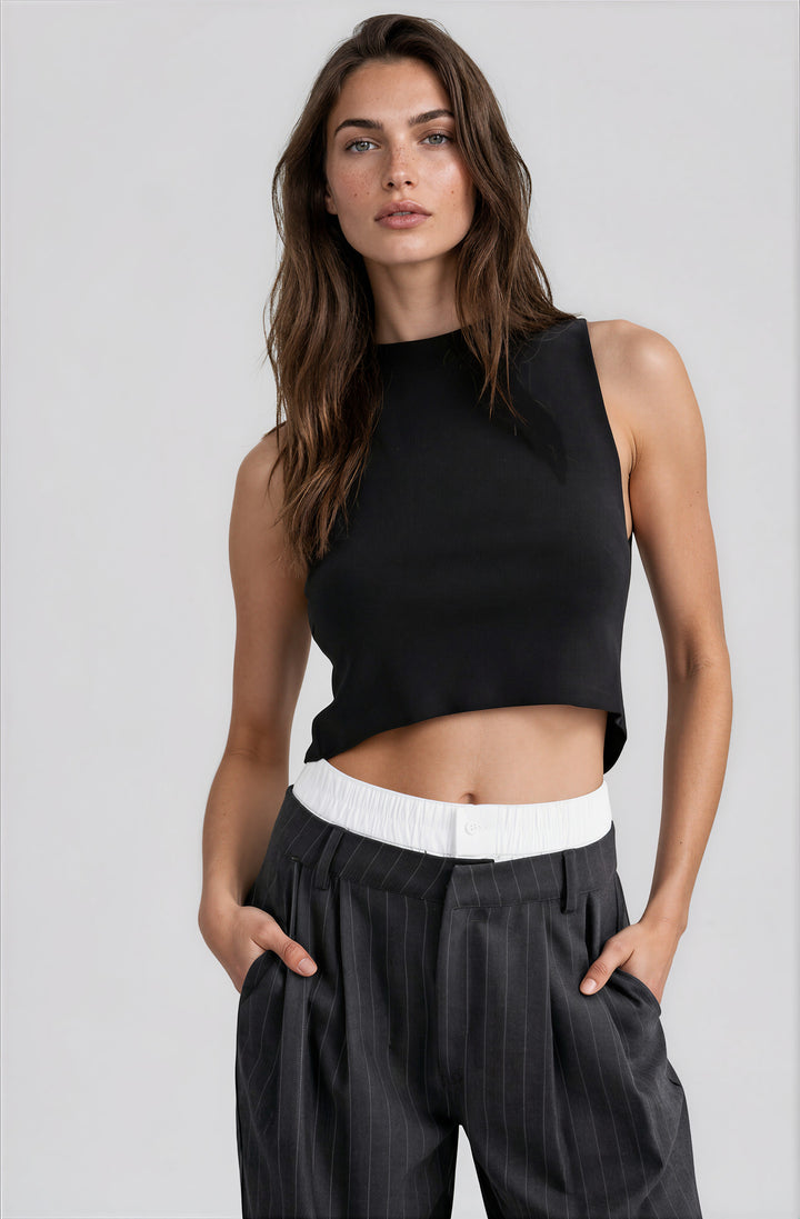 black sleeveless cropped top with intricate back detailing