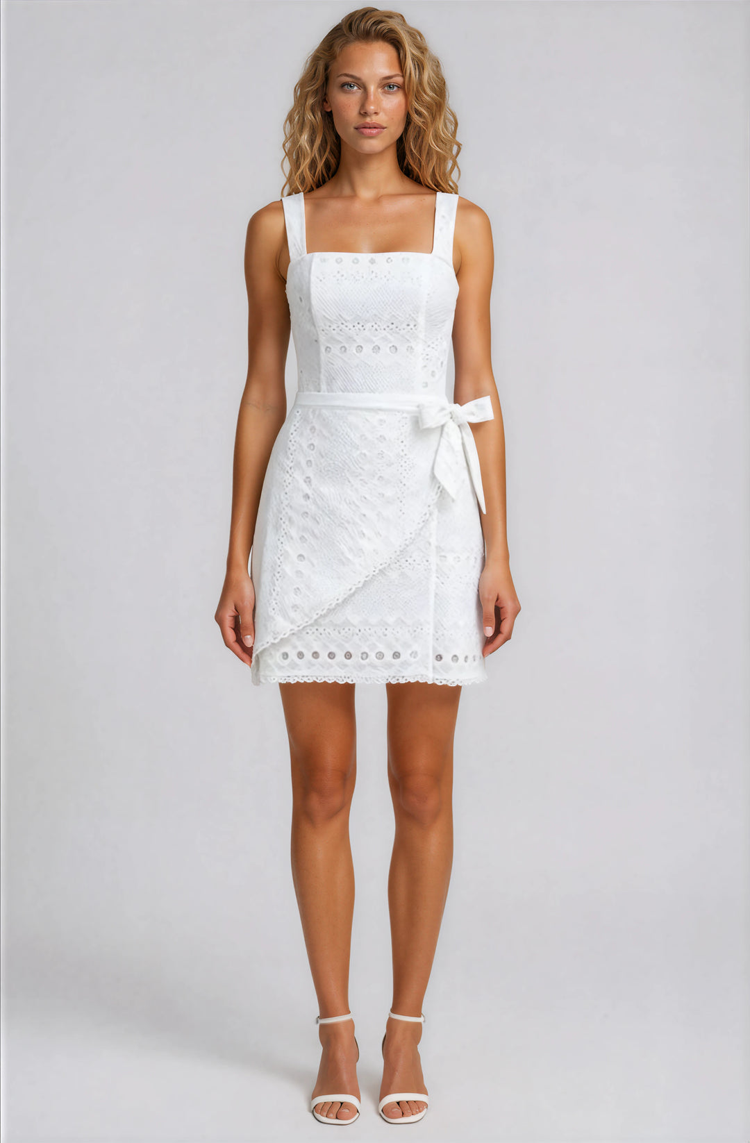 white eyelet mini dress with belt for summer 