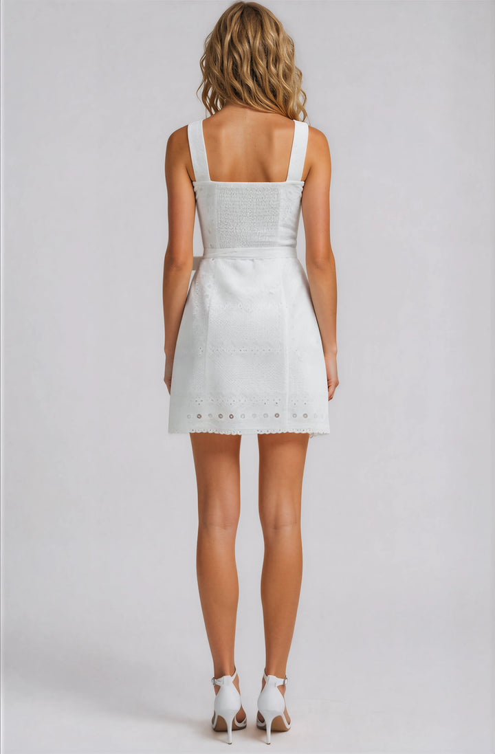 white eyelet mini dress with belt for summer back view