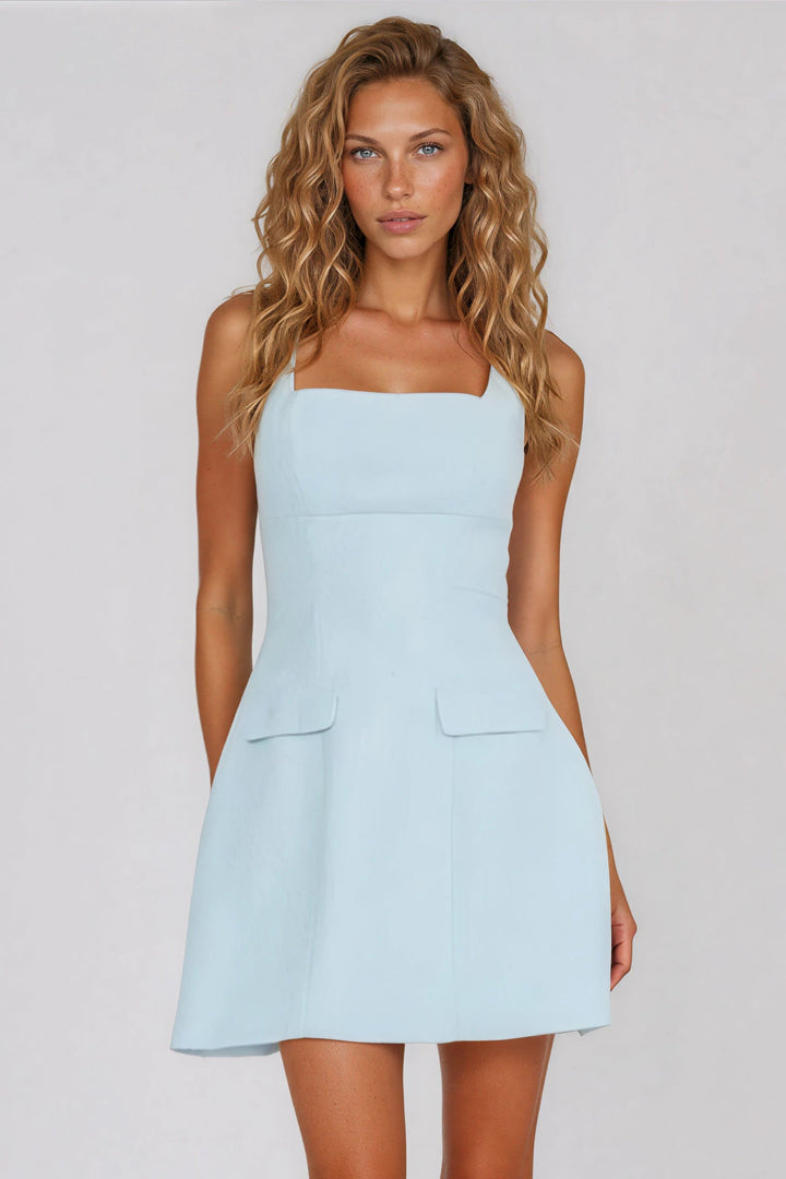 light blue mini dress with front pockets for summer
