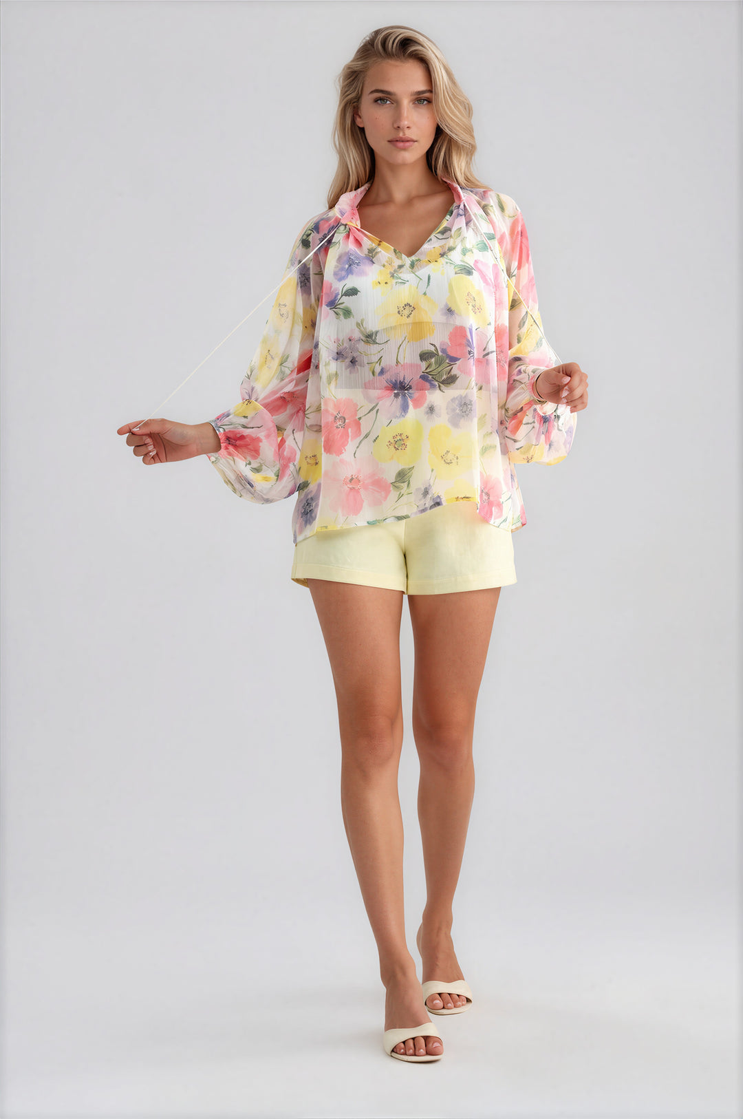 sheer white long sleeve blouse with floral pattern for summer