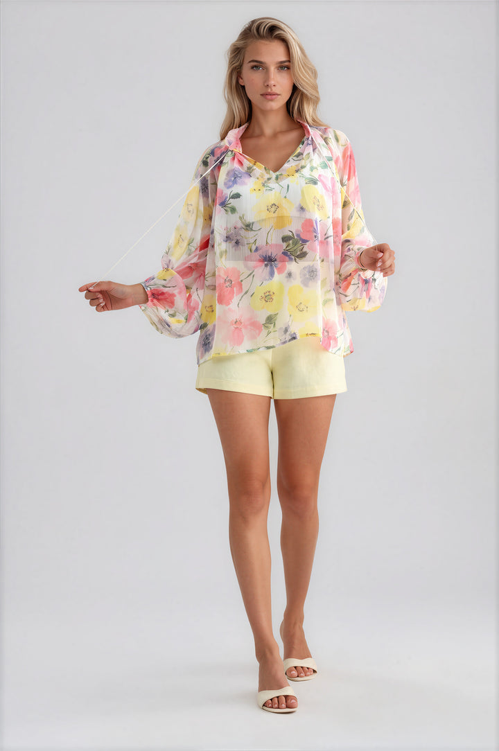 sheer white long sleeve blouse with floral pattern for summer