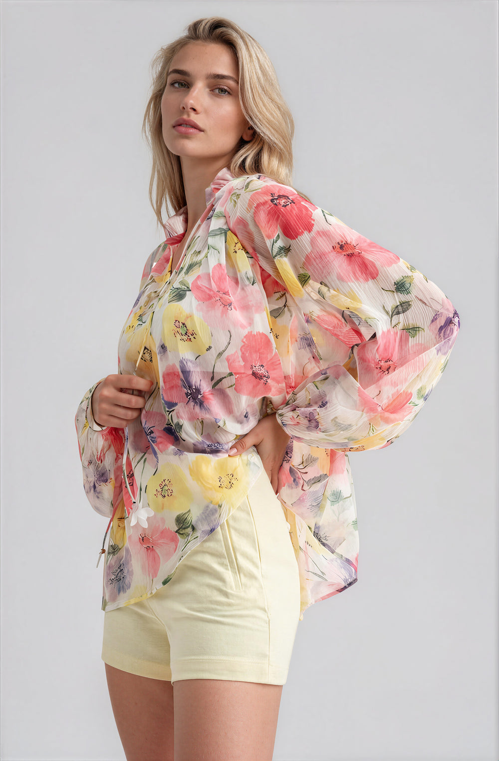 sheer white long sleeve blouse with floral pattern for summer