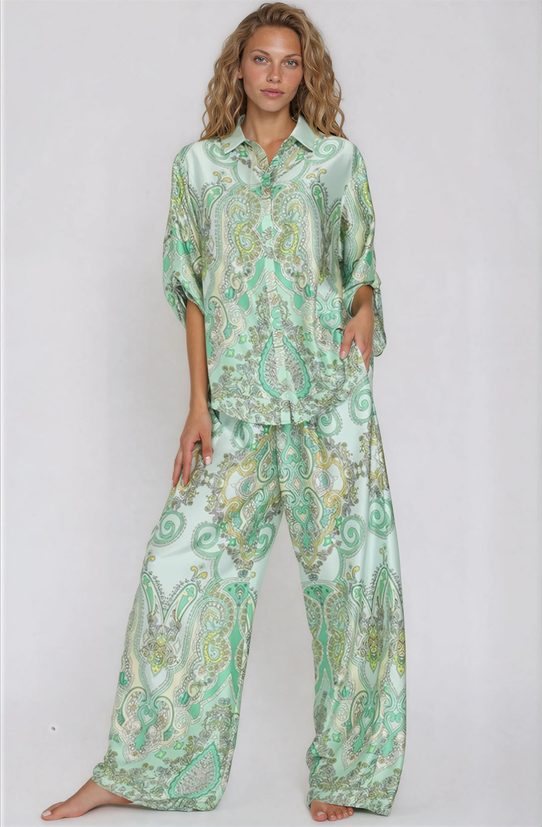 green paisley pants set for vacation front view