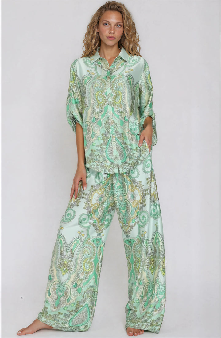 green paisley pants set for vacation front view