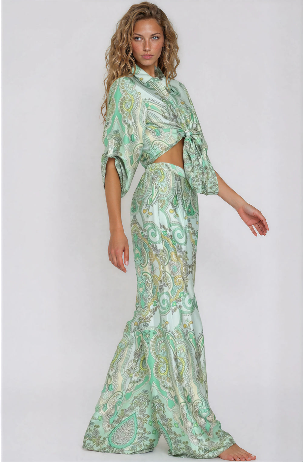 green paisley pants set for vacation side view