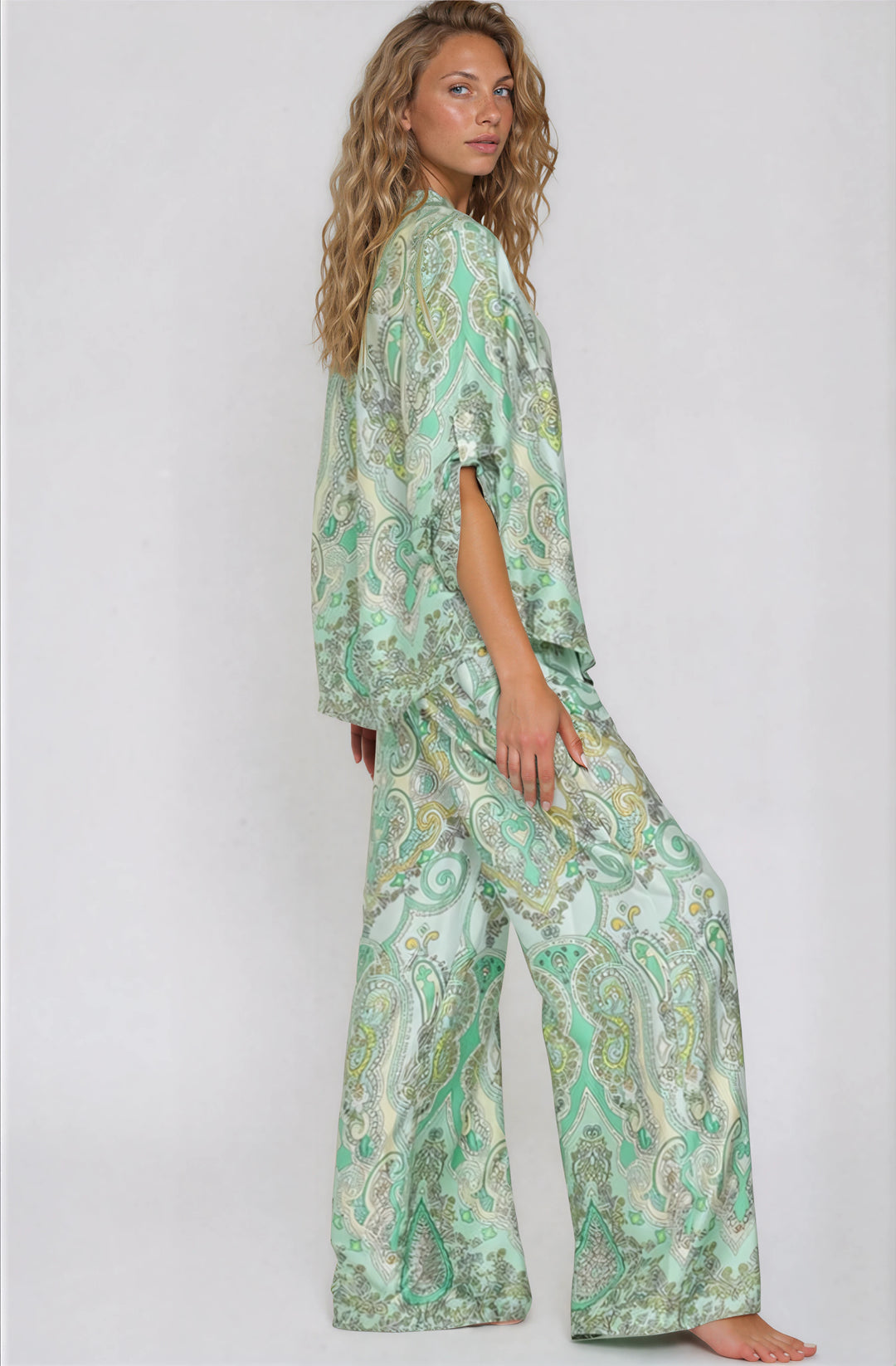 green paisley pants set for vacation side view