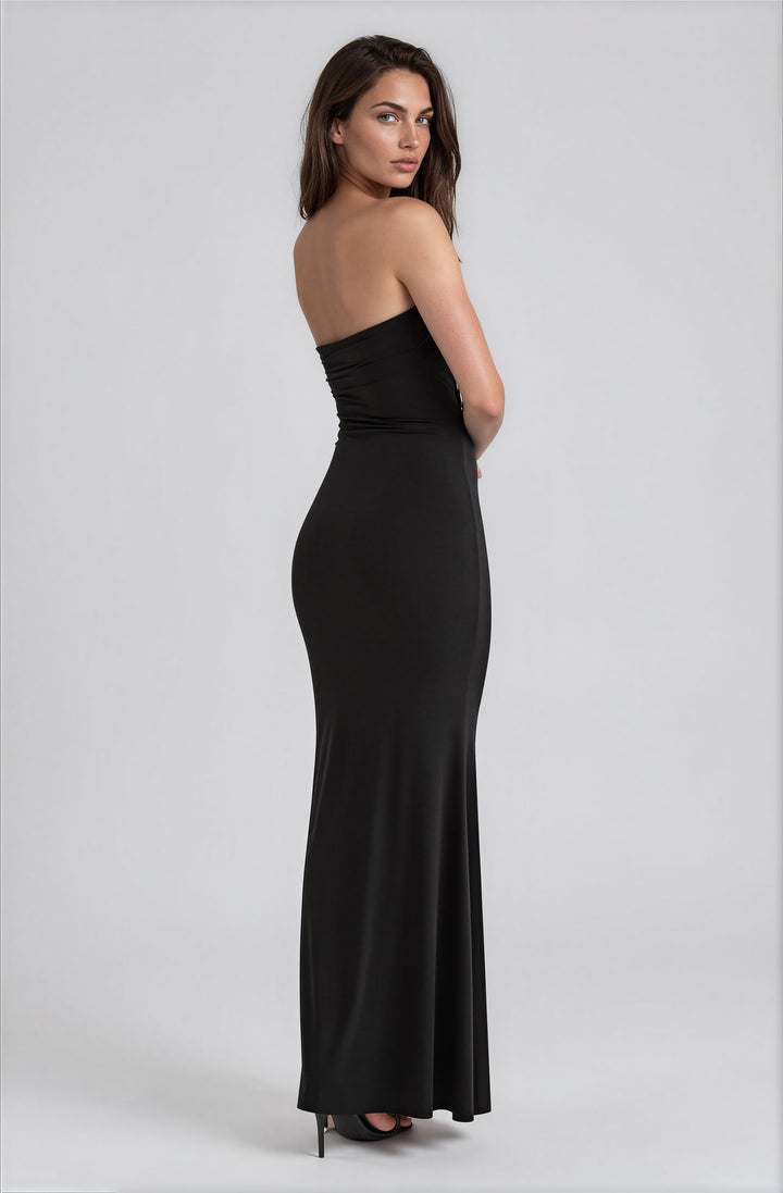 black strapless gown with ruched top and plunge neckline