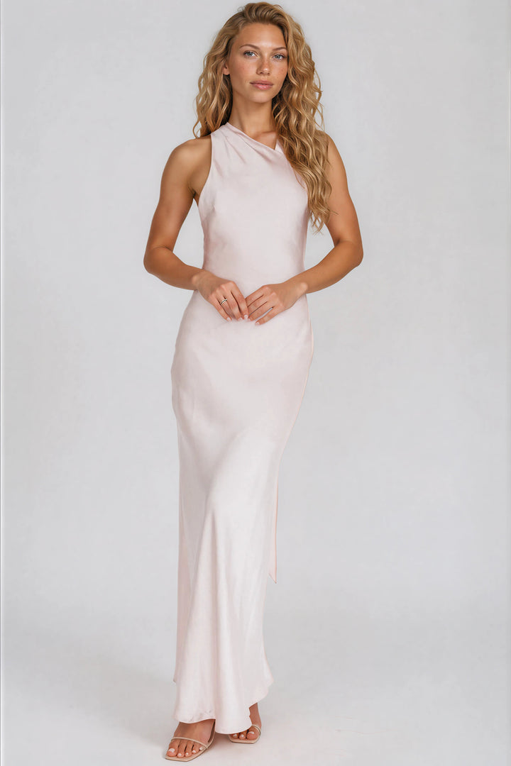 light pink satin gown for summer weddings front view