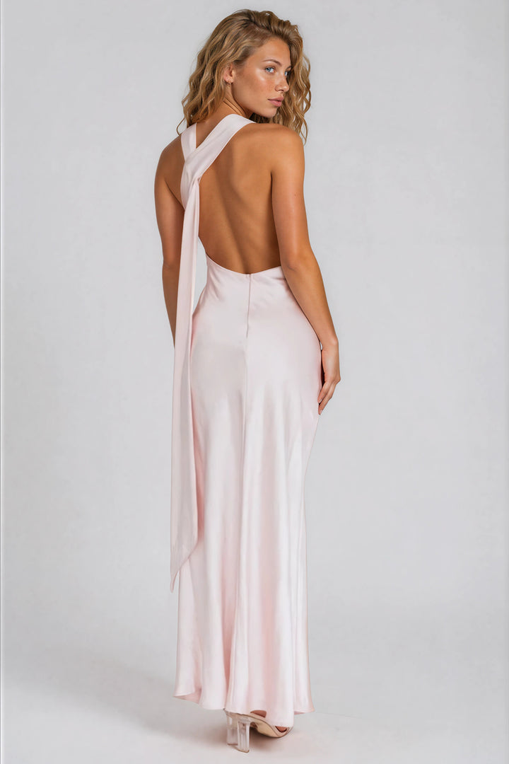 light pink satin gown with open back for summer weddings back view