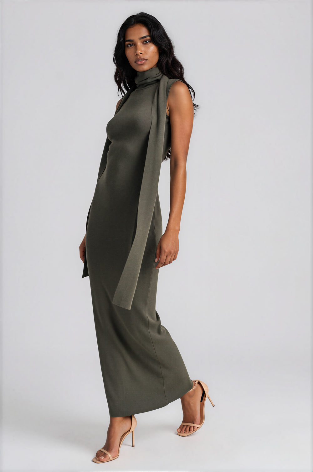 Olive ribbed knit maxi dress with an open scoop back and draped scarf detail, back view