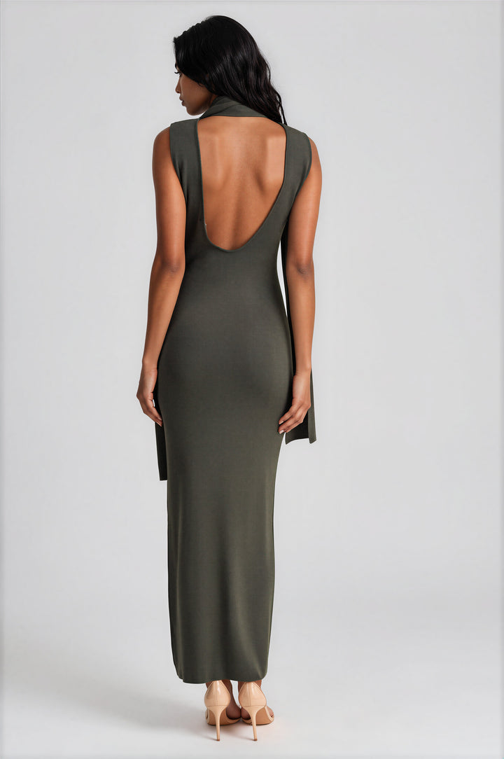 Olive turtleneck scarf maxi dress in a body-skimming silhouette