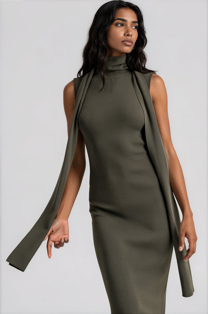 Olive ribbed knit maxi dress with a draped attached scarf detail