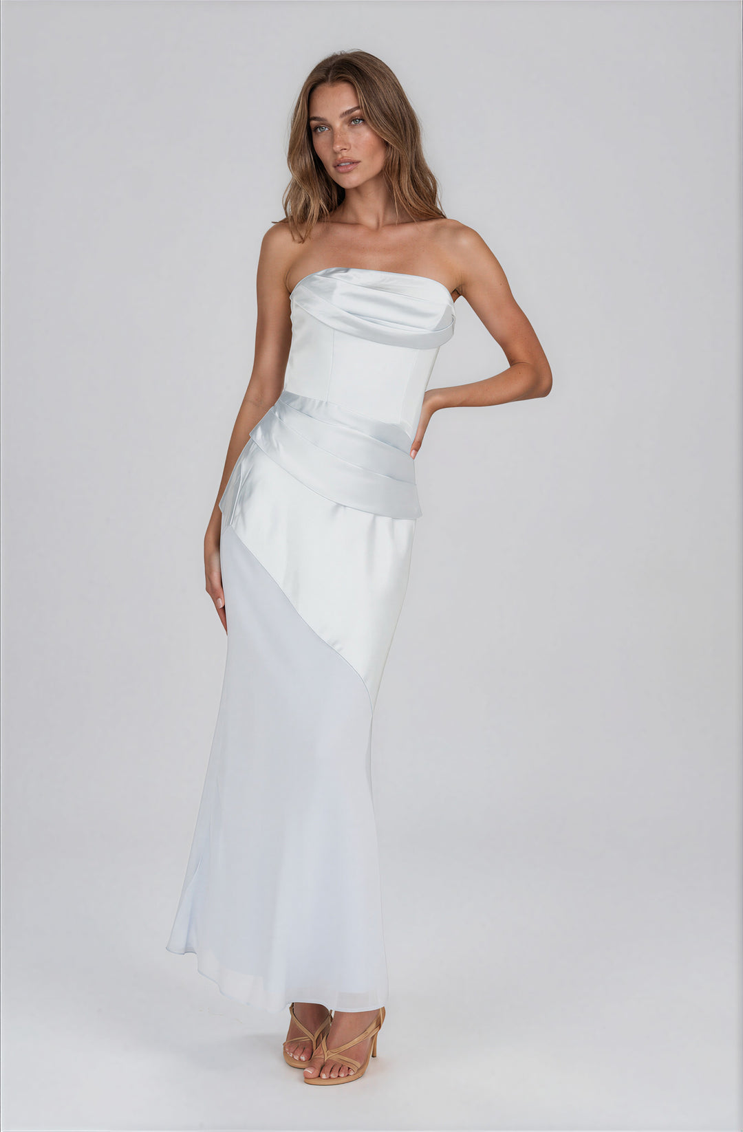 light blue strapless satin gown for summer weddings