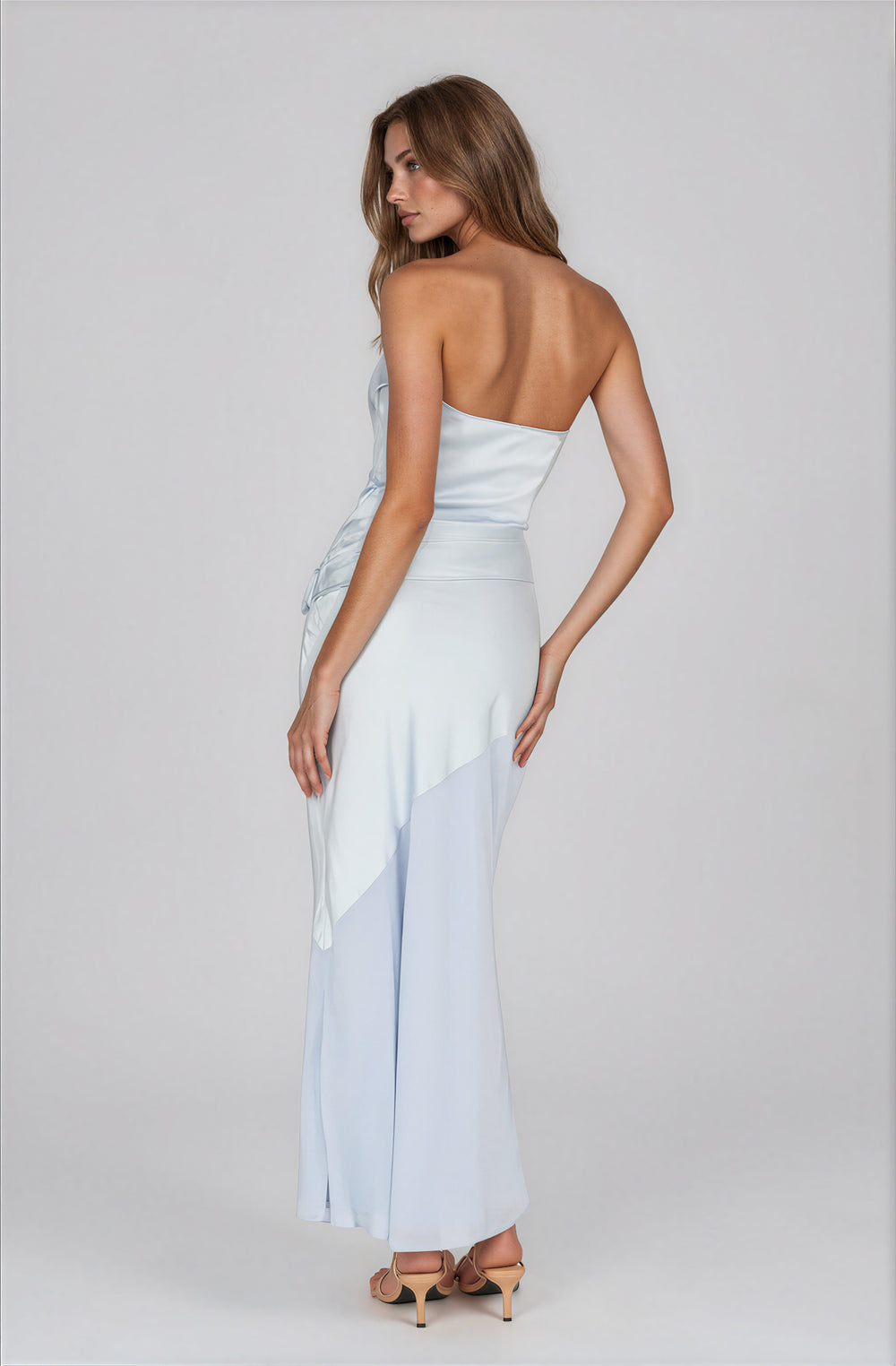 light blue strapless satin gown for summer weddings back view