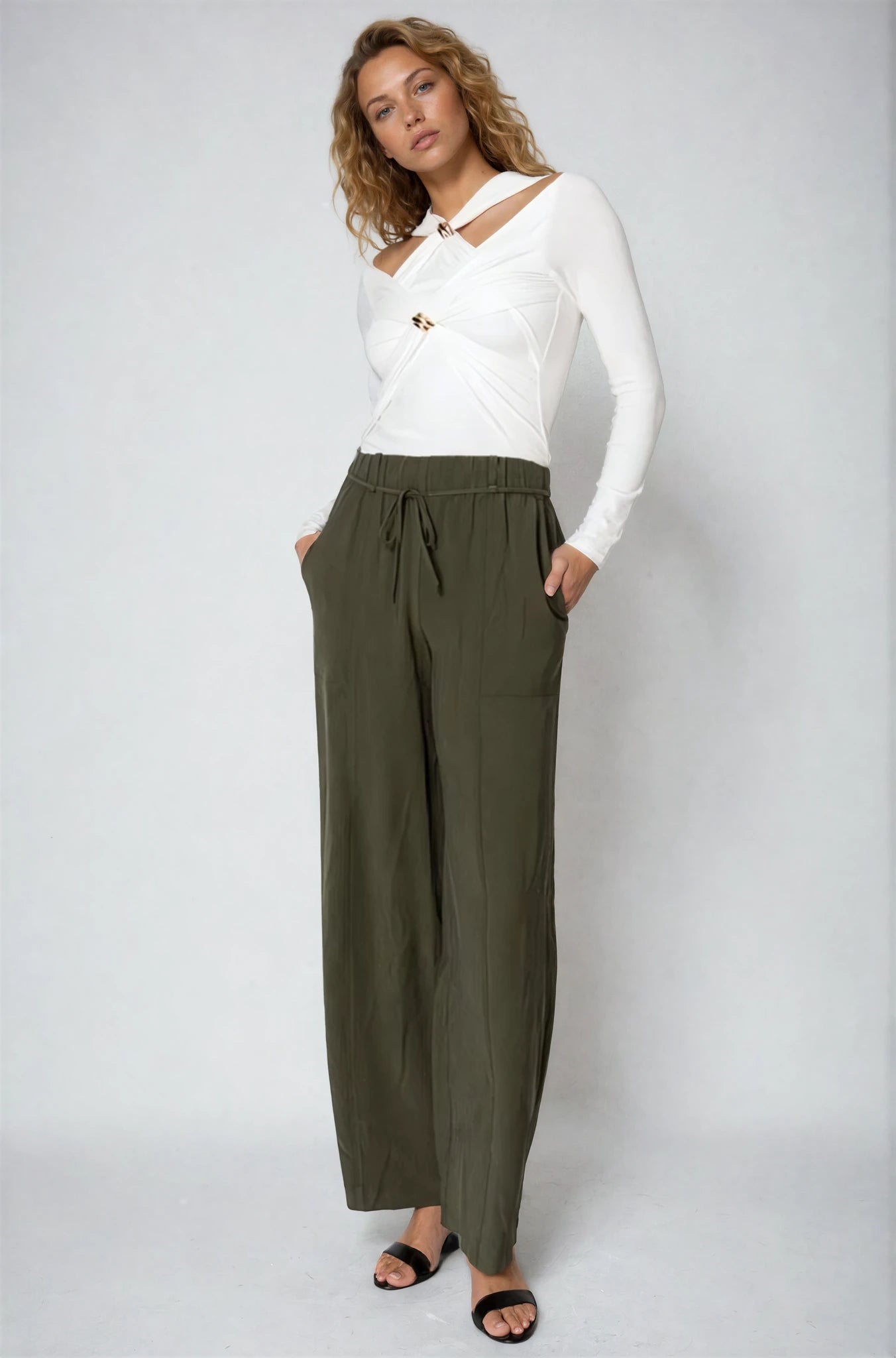 Khaki High Rise Drawstring Wide Leg Pants – The Salient Collection